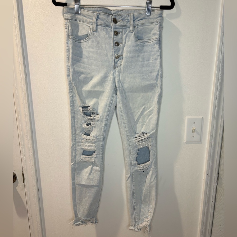 AE Next Level Stretch Hight Waisted Light Wash Distressed Skinny Jeans #103
